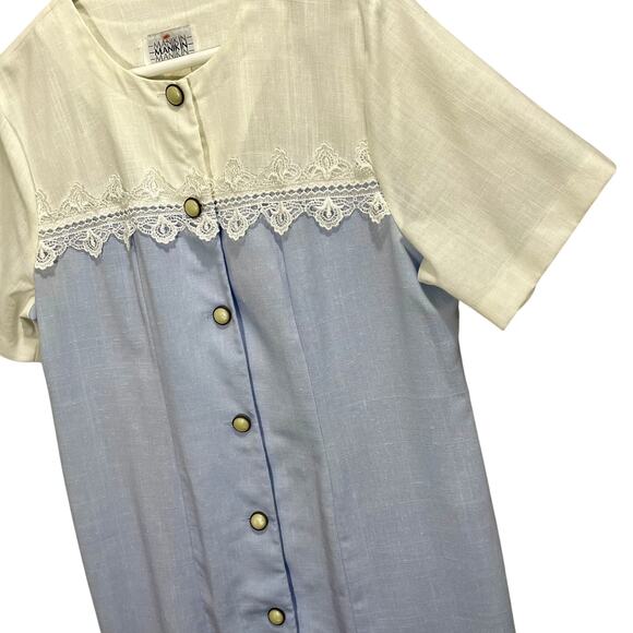 Vintage 80s ILGWU Manikin Woven Charleston Blue & White Pleated Trim Dress - Picture 2 of 13